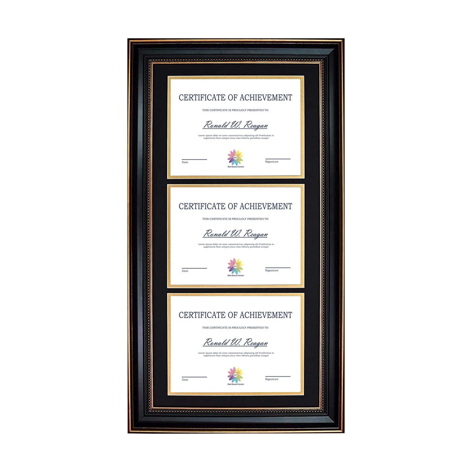 Mat Board Center 14x29 Triple Diploma Frame Holds Three 8.5x11 Certificates | Comes with Real Glass,Black Over Gold