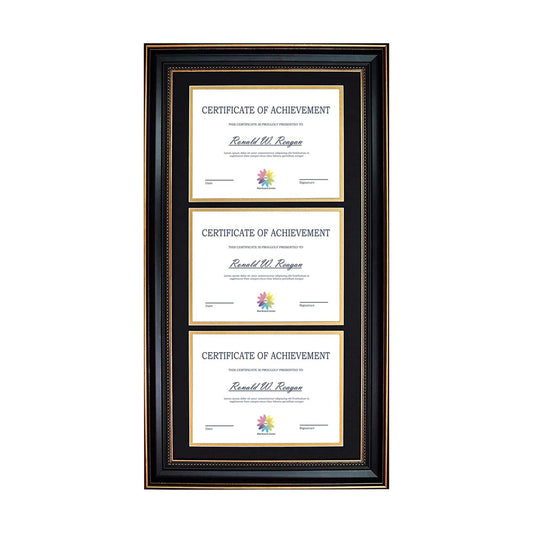 Mat Board Center 14x29 Triple Diploma Frame Holds Three 8.5x11 Certificates | Comes with Real Glass,Black Over Gold