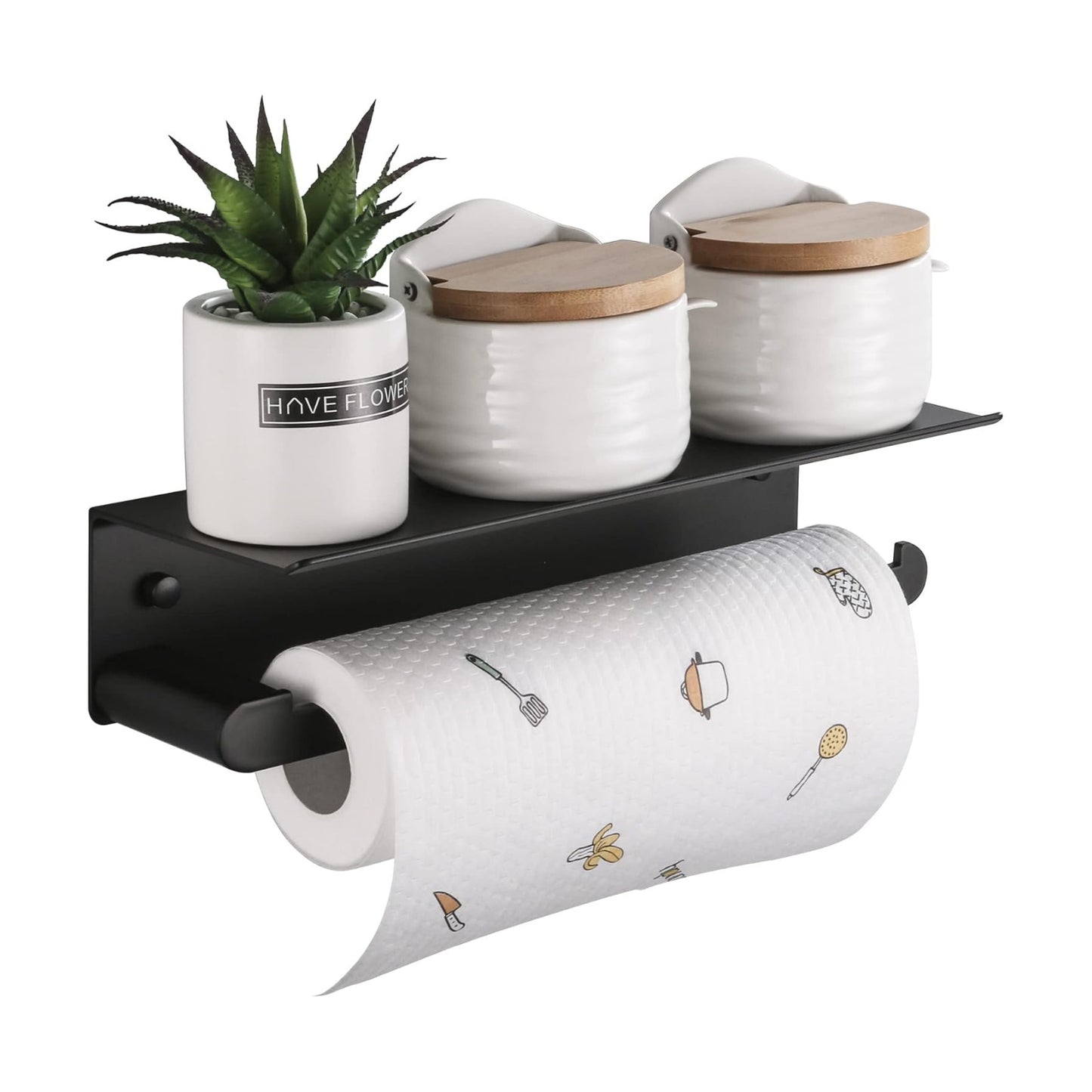 Wall Mount Paper Towel Holder with Shelf, Adhesive Towel Rack Matte Black | Self-Adhesive Paper Towel Holder with Shelf