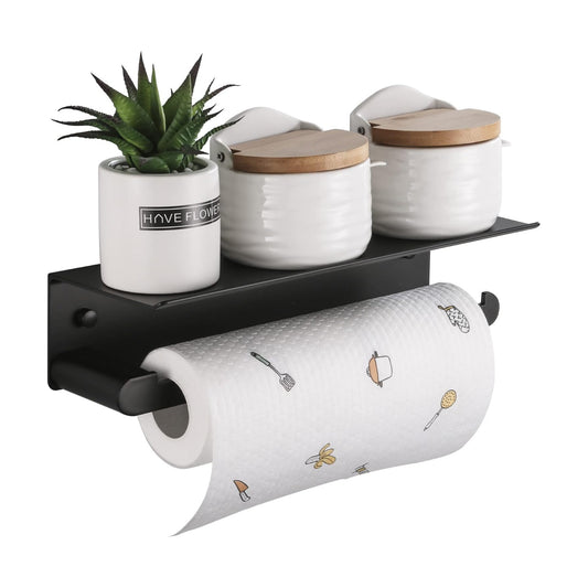 Wall Mount Paper Towel Holder with Shelf, Adhesive Towel Rack Matte Black | Self-Adhesive Paper Towel Holder with Shelf