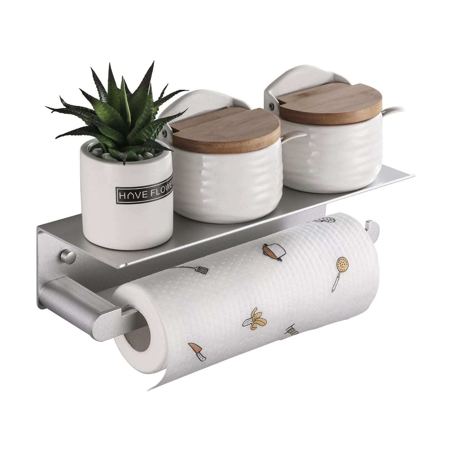 DUFU Paper Towel Holder Wall Mount for Kitchen, Silver | Self-Adhesive,Paper Towel Holder With Shelf for Bathroom