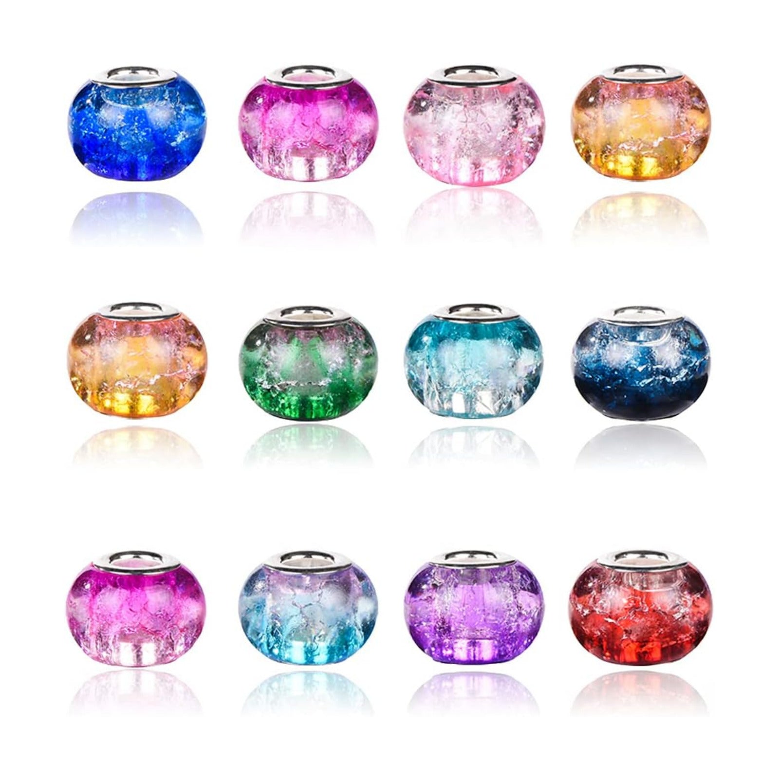 mm Murano Large Hole Glass Beads / Up and Down Bicolor Crack / Silver / 10 x 15 / Set of 100
