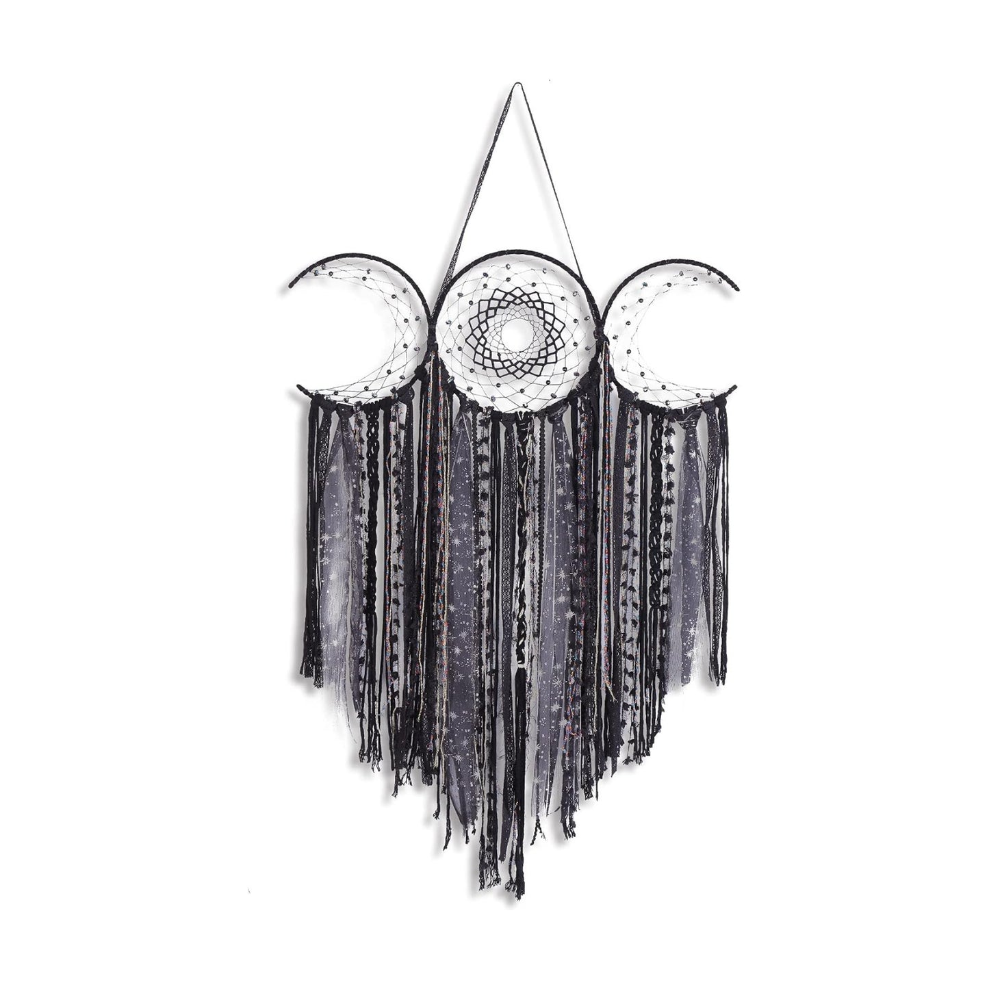 Black Triple Moon Goddess Macrame Wall Hanging / Shadow Black