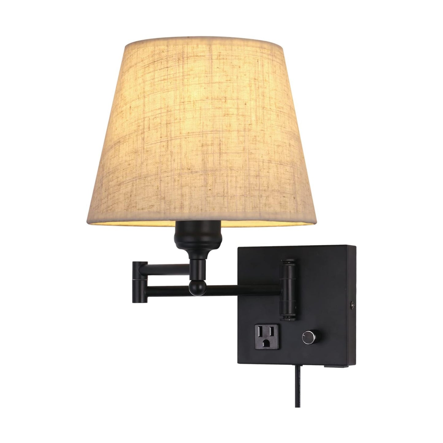 Bedside Wall Mount Light with Dimmable Switch and Outlet, Swing Arm Fabric Shade Wall Sconce Light with USB Port and