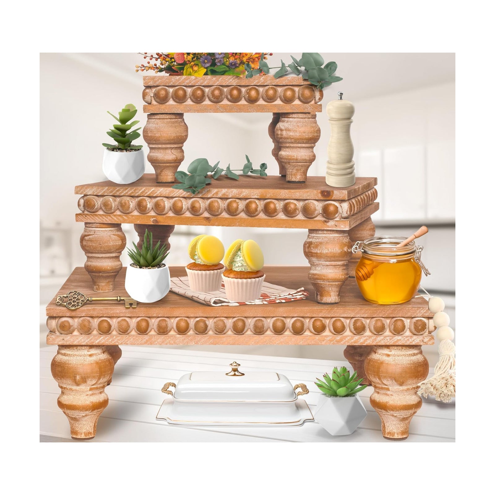 Wooden Riser [Set of 3] Premium Farmhouse Risers | Beaded Wood Risers for Display | Handmade Wooden Risers for Decor