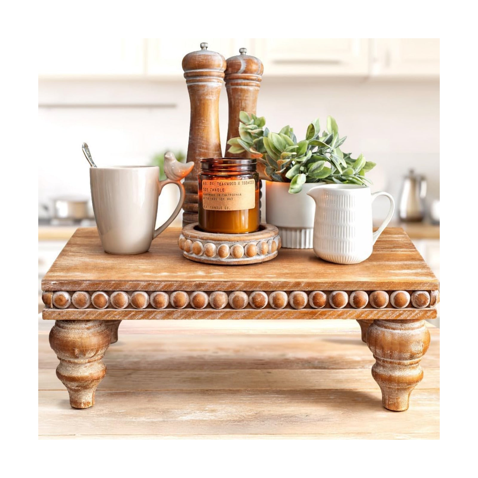 Farmhouse Beaded Riser Stand for Decor / Rustic Brown