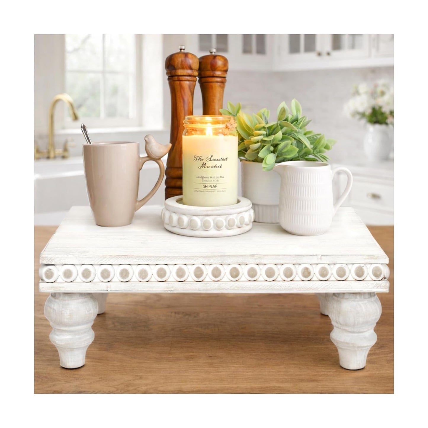 Farmhouse Beaded Riser Stand for Decor / Rustic White