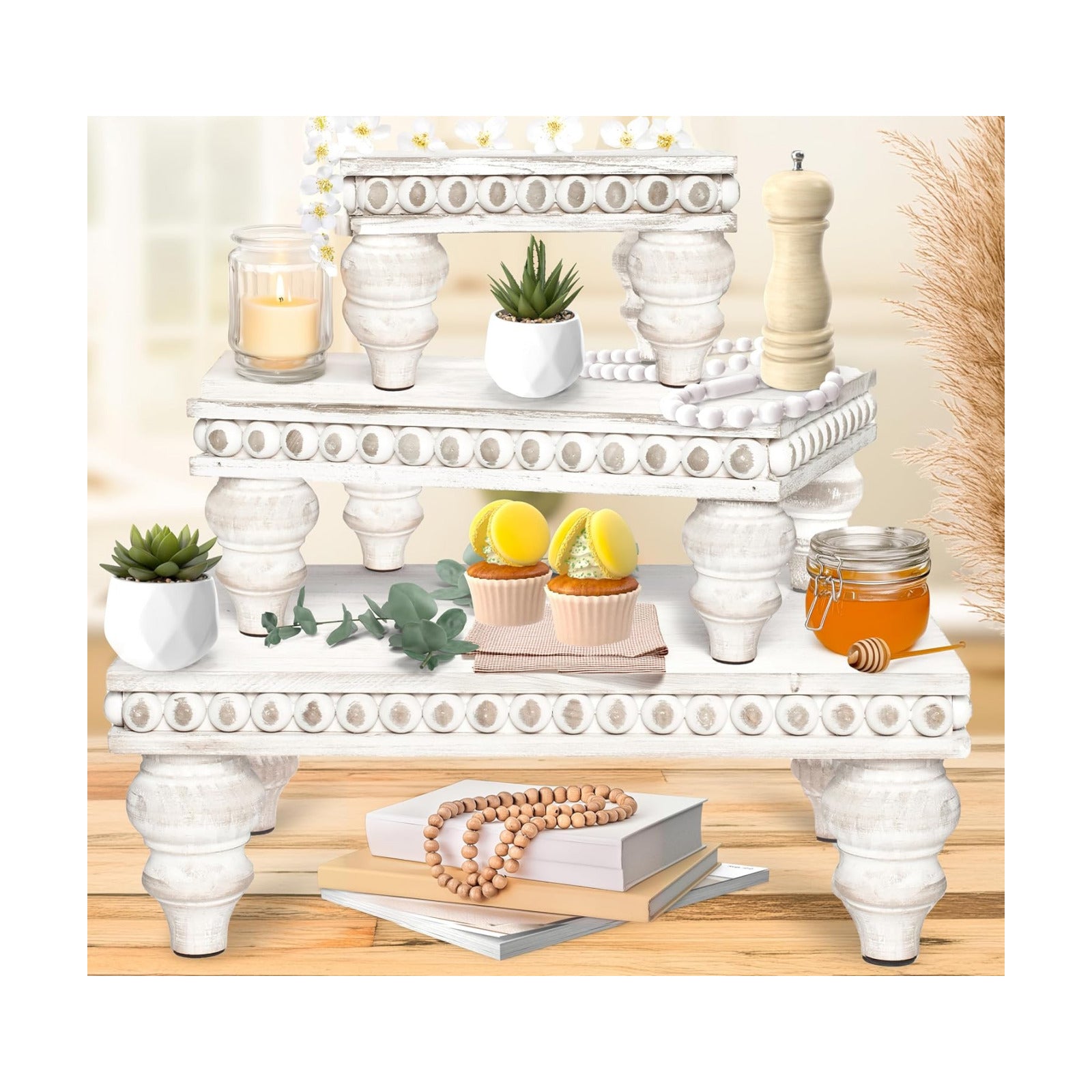 Decorative Tray [Set of 3] Wooden Tiered Tray Stand Display Risers - Tiered Tray Decor for Tabletop Use, Kitchen