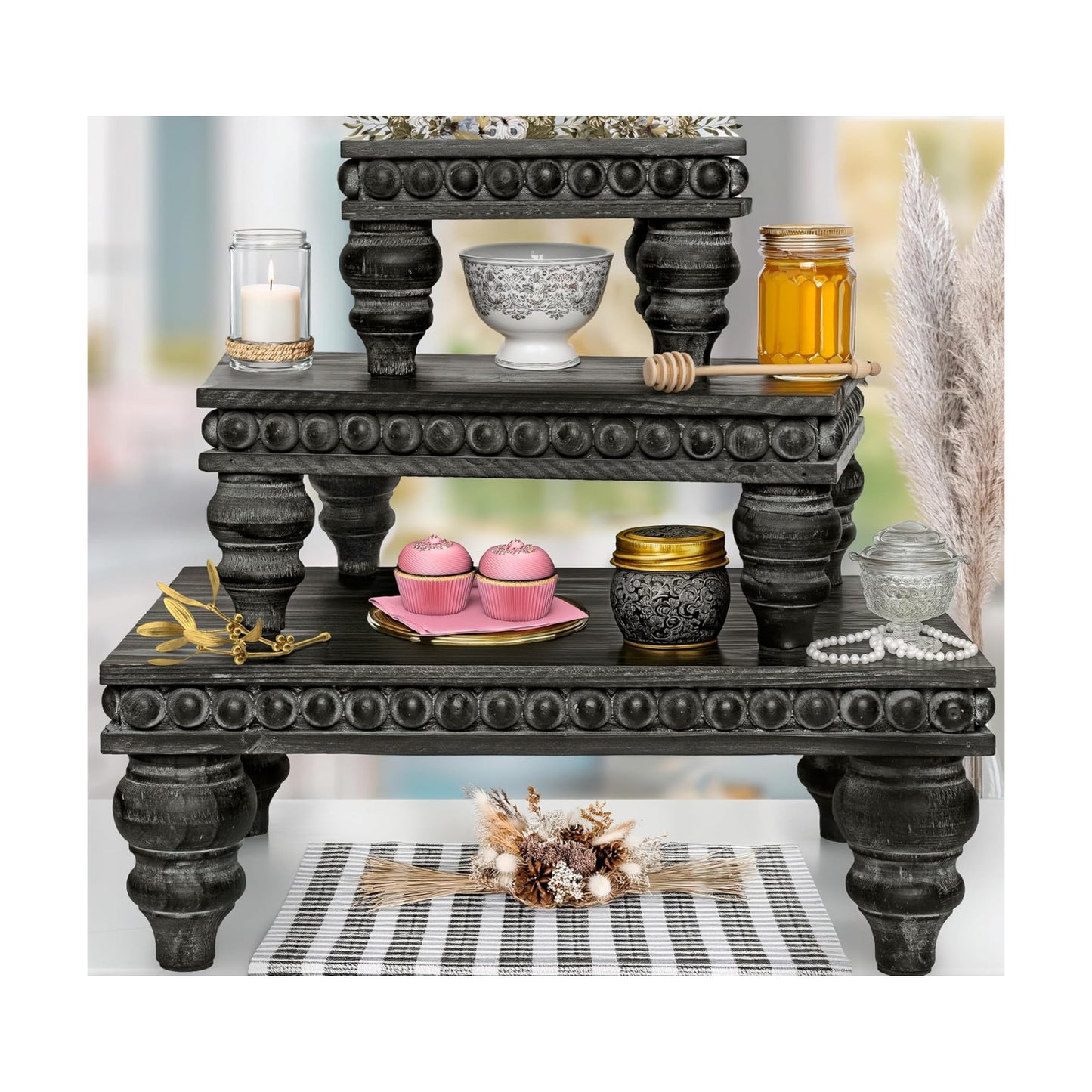 Decorative Tray [Set of 3] Wooden Tiered Tray Stand Display Risers - Tiered Tray Decor for Tabletop Use, Kitchen