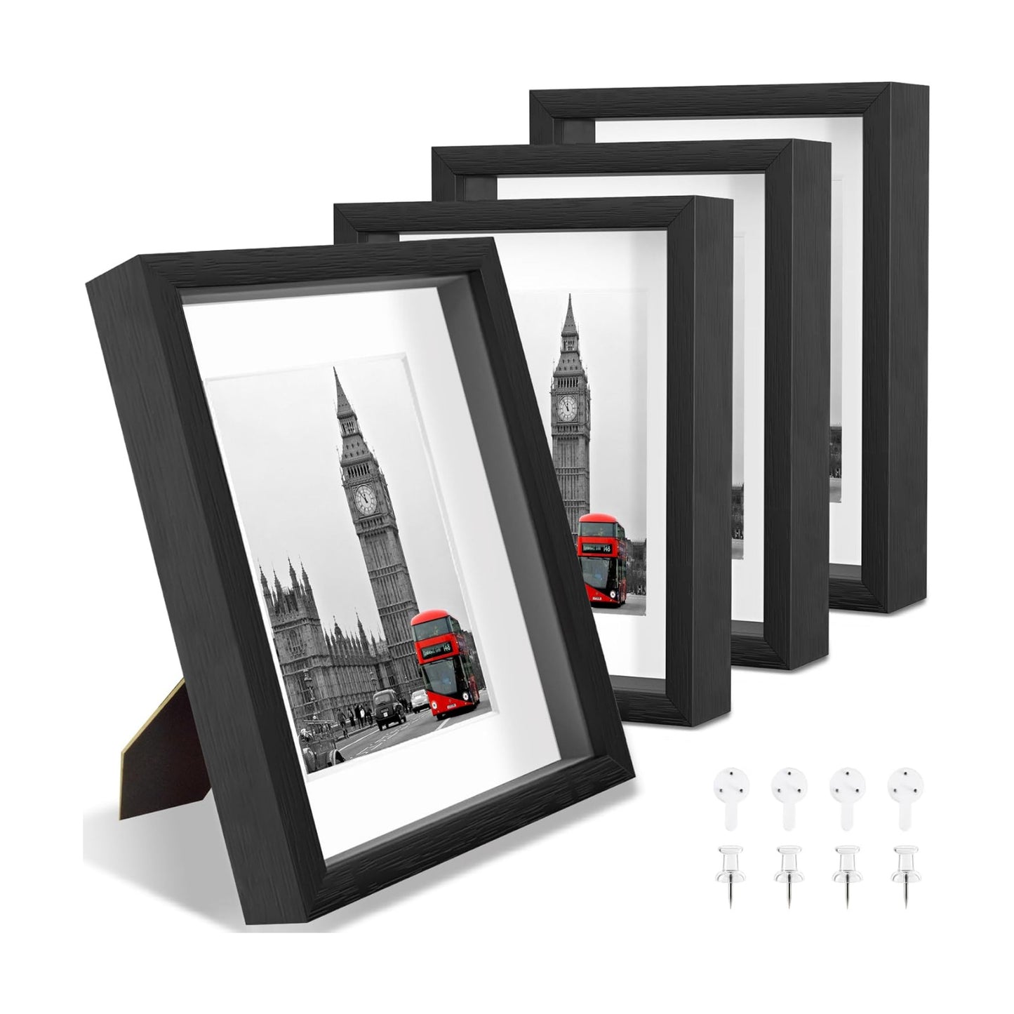 11x14 Shadow Box Picture Frame, 4-Pack Linen Back, with Mat, Black | Wooden Display Cases, 3 Ways to Display, Acid-Free
