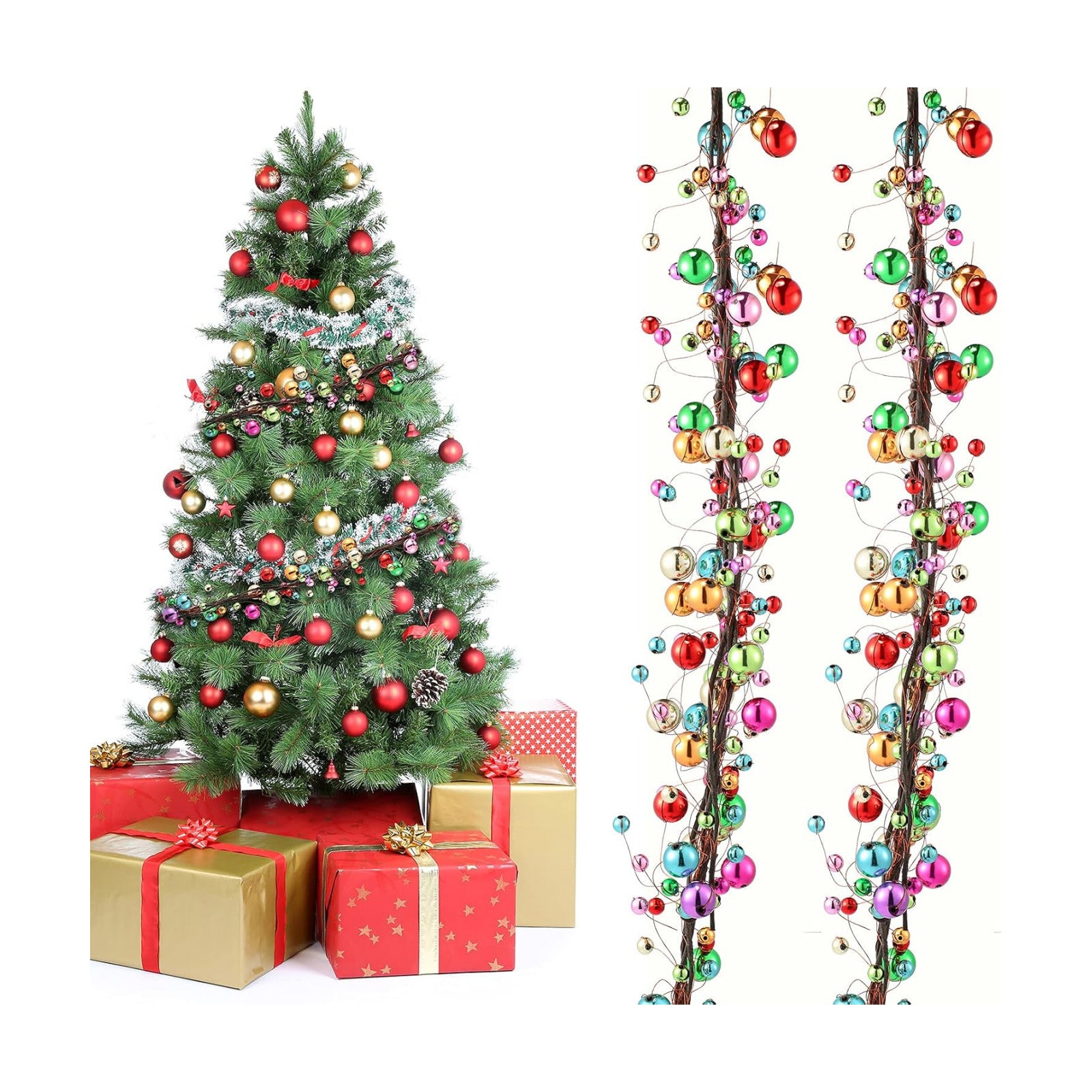 WILLBOND 9 ft Multicolor Christmas Ball Garland, Hanging Bauble Ornaments | For tree trimming, Lightweight plastic