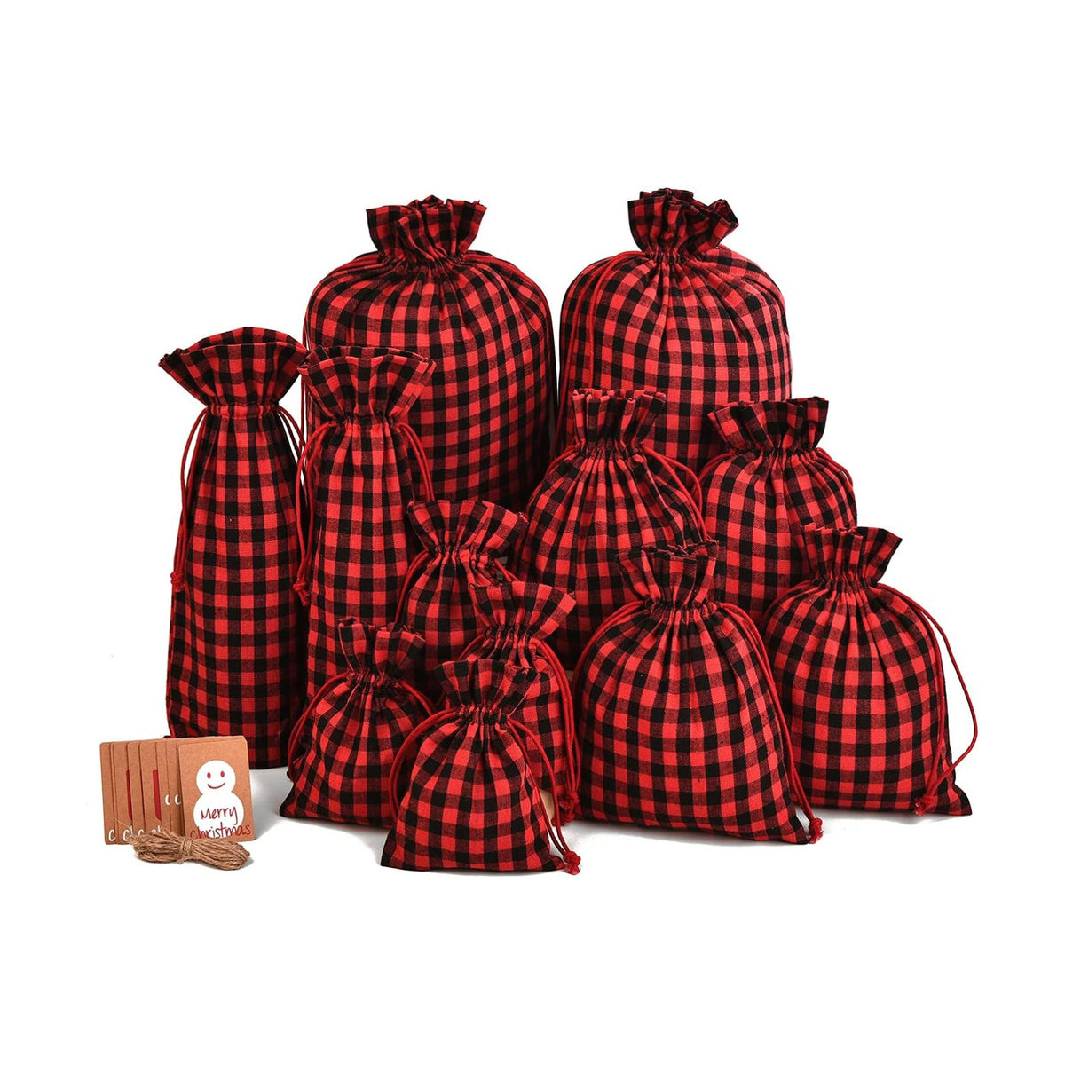 XCFWin 12 Pack Of Christmas Gift Bags With Drawstring Reusable Designs For Christmas Party Supplies Favors (red and black, mixed size)