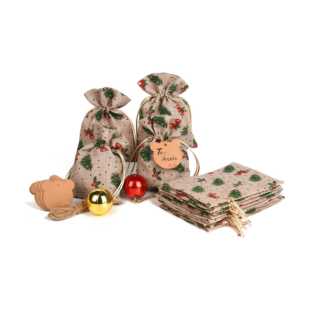 XCFWin 12 Pack Of Christmas Gift Bags With Drawstring Reusable Designs For Christmas Party Supplies Favors (pine branch, 13 * 18cm/5 * 7inch)