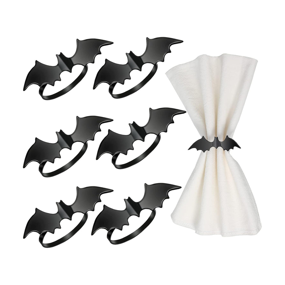 Chengu 6 Pcs Halloween Napkin Rings Bat Ring Holder Black Metal Table Decor