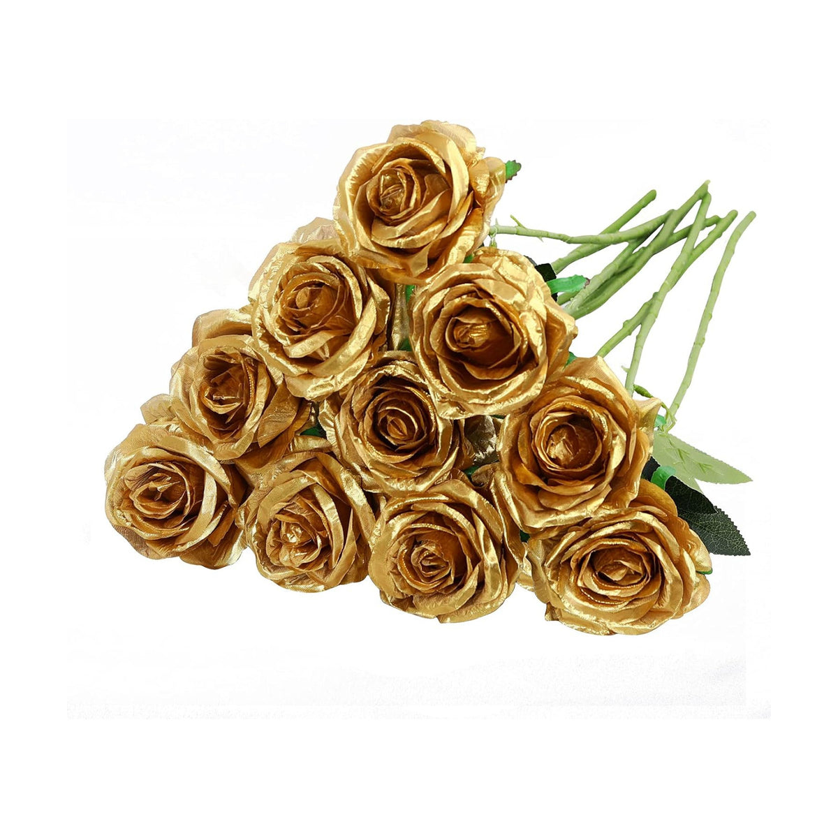 10pcs Gold Roses Artificial Flowers, Realistic Faux Rose with Long Stem