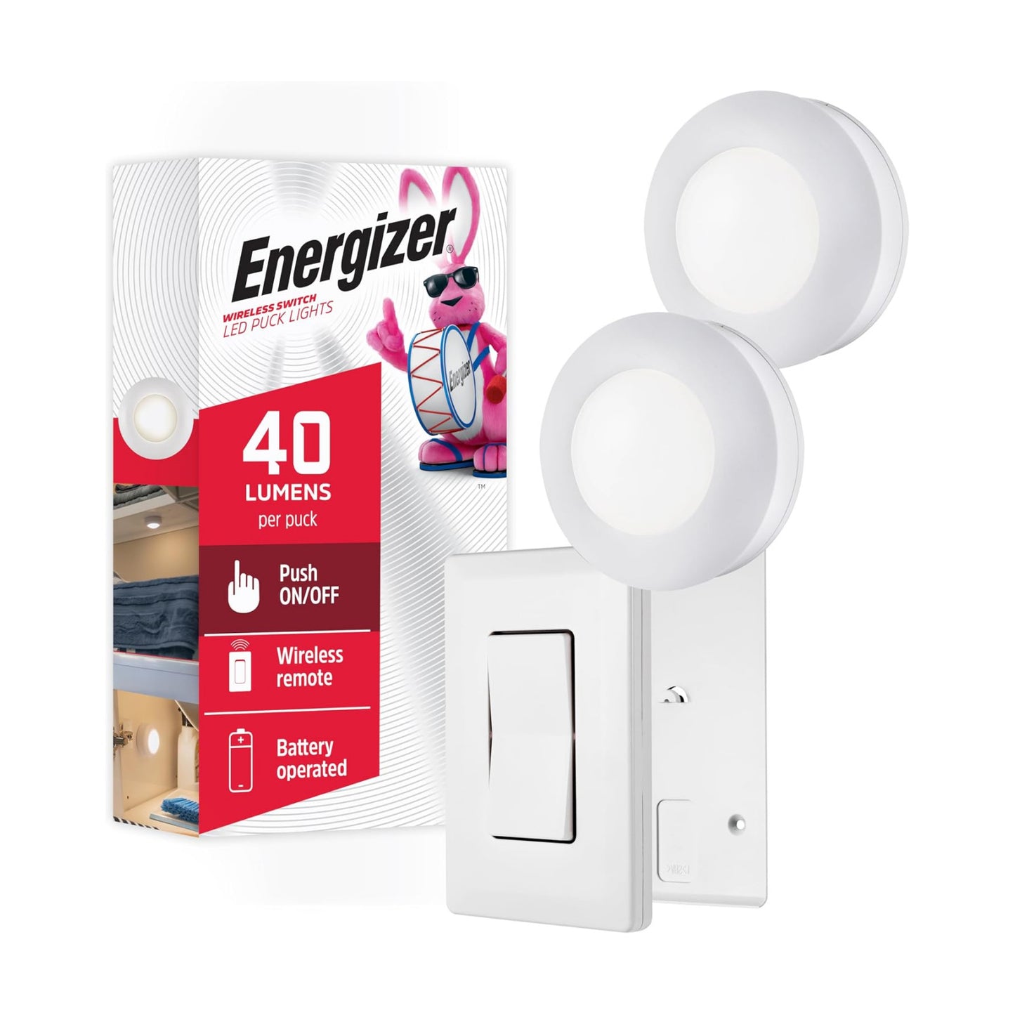 Energizer Battery Powered Puck Lights with Remote Wall Switch, 2 Pack | Under Cabinet Lights for Kitchen, Closet, and