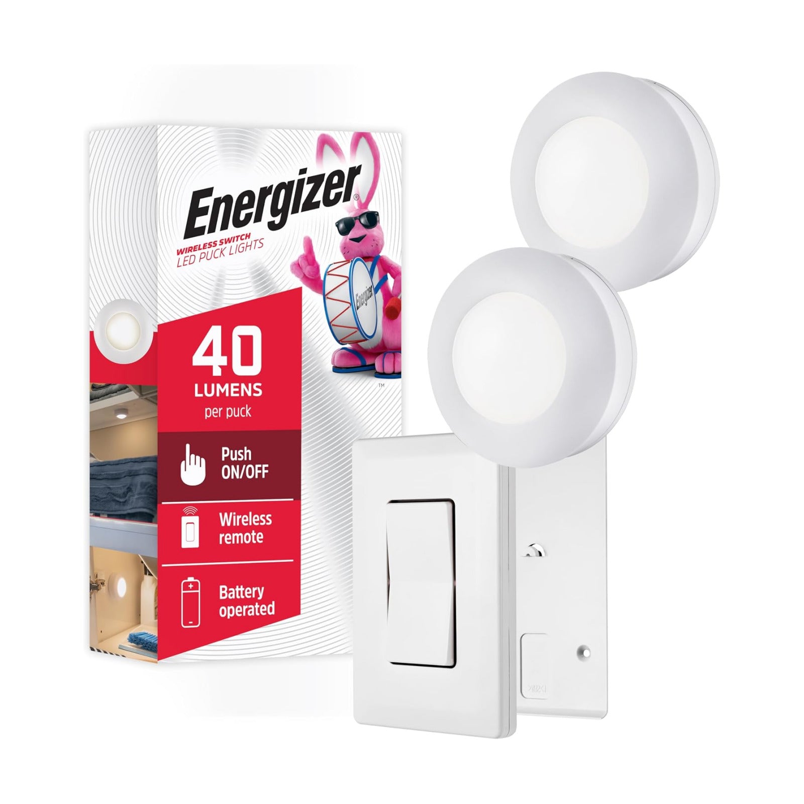 Energizer Battery Powered Puck Lights with Remote Wall Switch, 2 Pack | Under Cabinet Lights for Kitchen, Closet, and