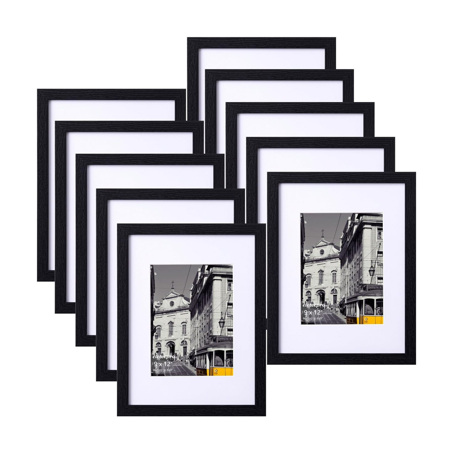eletecpro 9x12 Picture Frames, Acrylic Cover, Black, Set of 10 | Display Photo 6x8 with Mat or 9x12 without, Horizontal