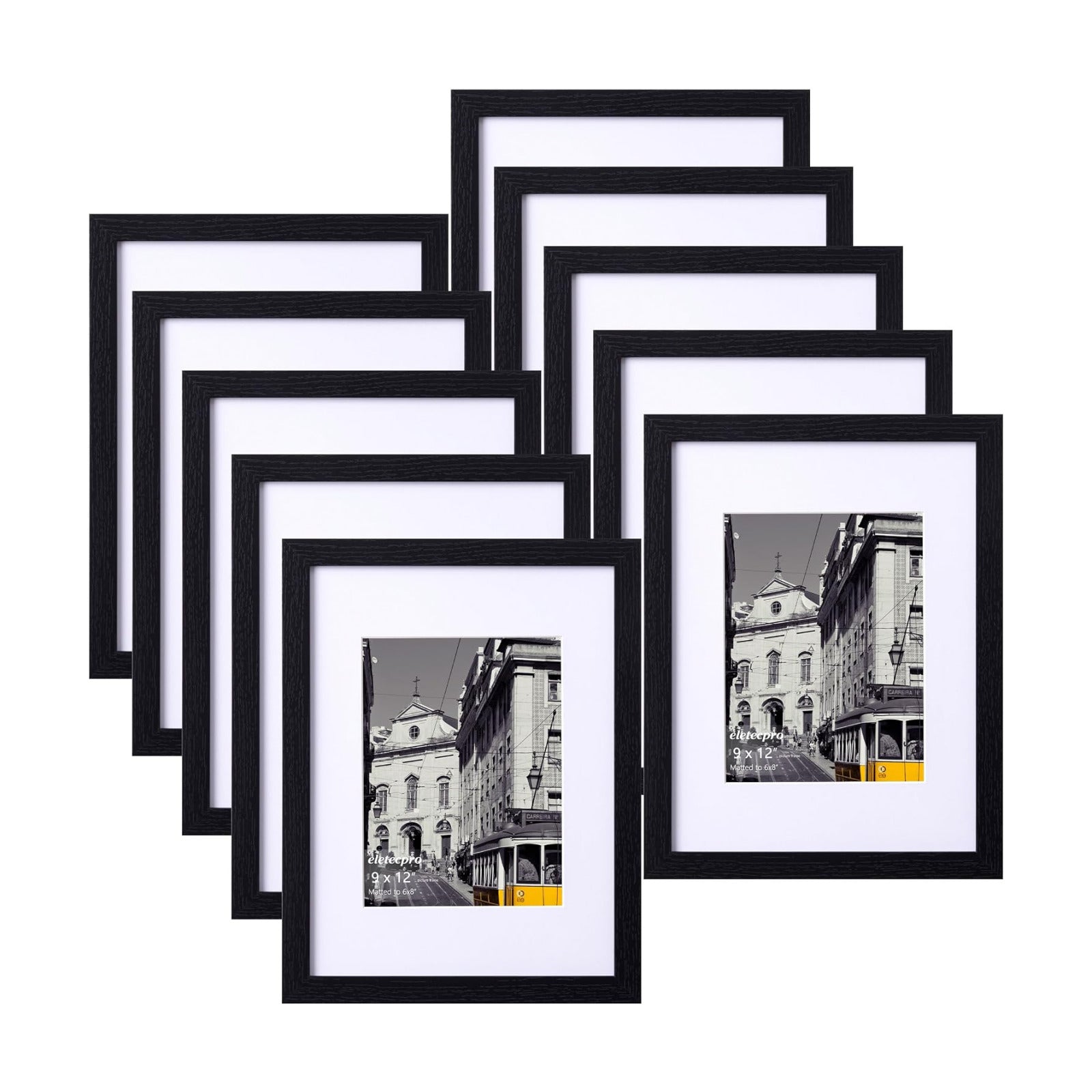 eletecpro 9x12 Picture Frames, Acrylic Cover, Black, Set of 10 | Display Photo 6x8 with Mat or 9x12 without, Horizontal