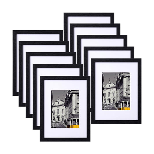 eletecpro 9x12 Picture Frames, Acrylic Cover, Black, Set of 10 | Display Photo 6x8 with Mat or 9x12 without, Horizontal