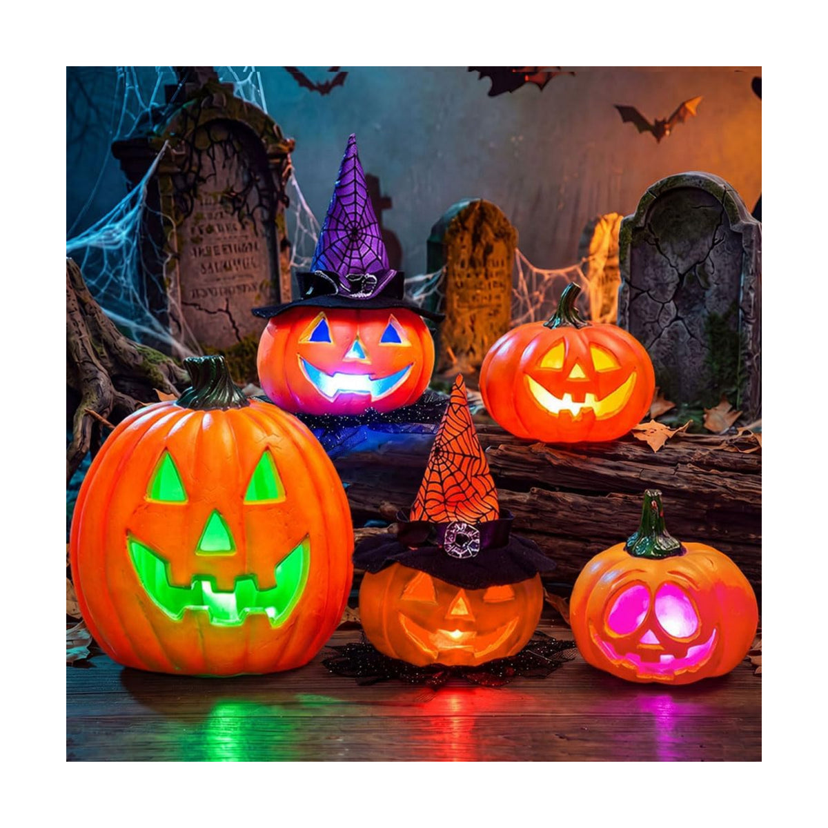 JOYIN 5 Pcs Light Up Halloween Pumpkin Decor Jack O Lantern Decorations Outdoor Indoor, Halloween Props Plastic Pumpkins Large Trick Or Treat Table Top Home Room Party Yards Supplies Favors