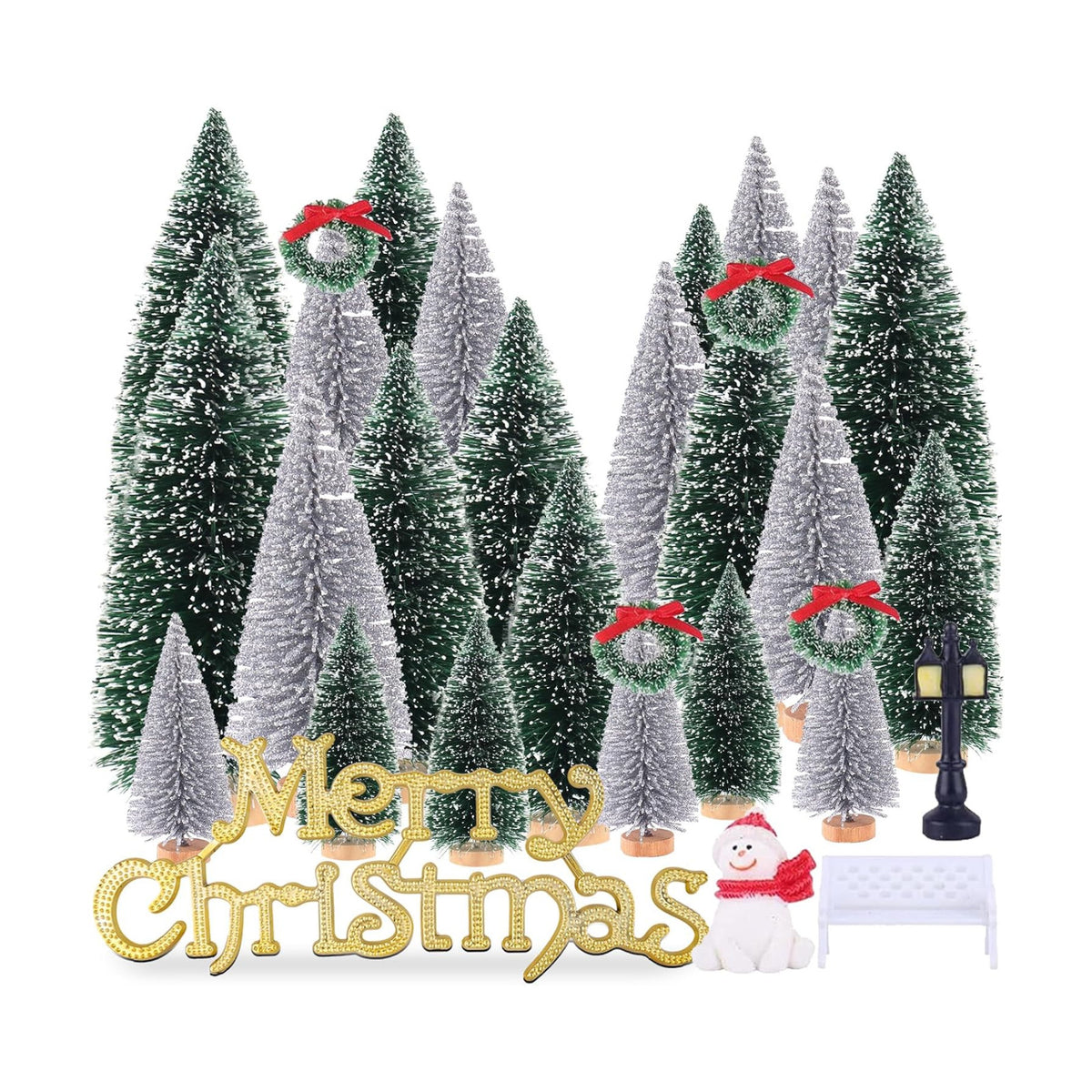 Mini Christmas Tree, Small Pine Tree with Wooden Bases for Xmas Holiday Party Home Tabletop Tree Decor (Silver/Green 30pcs)