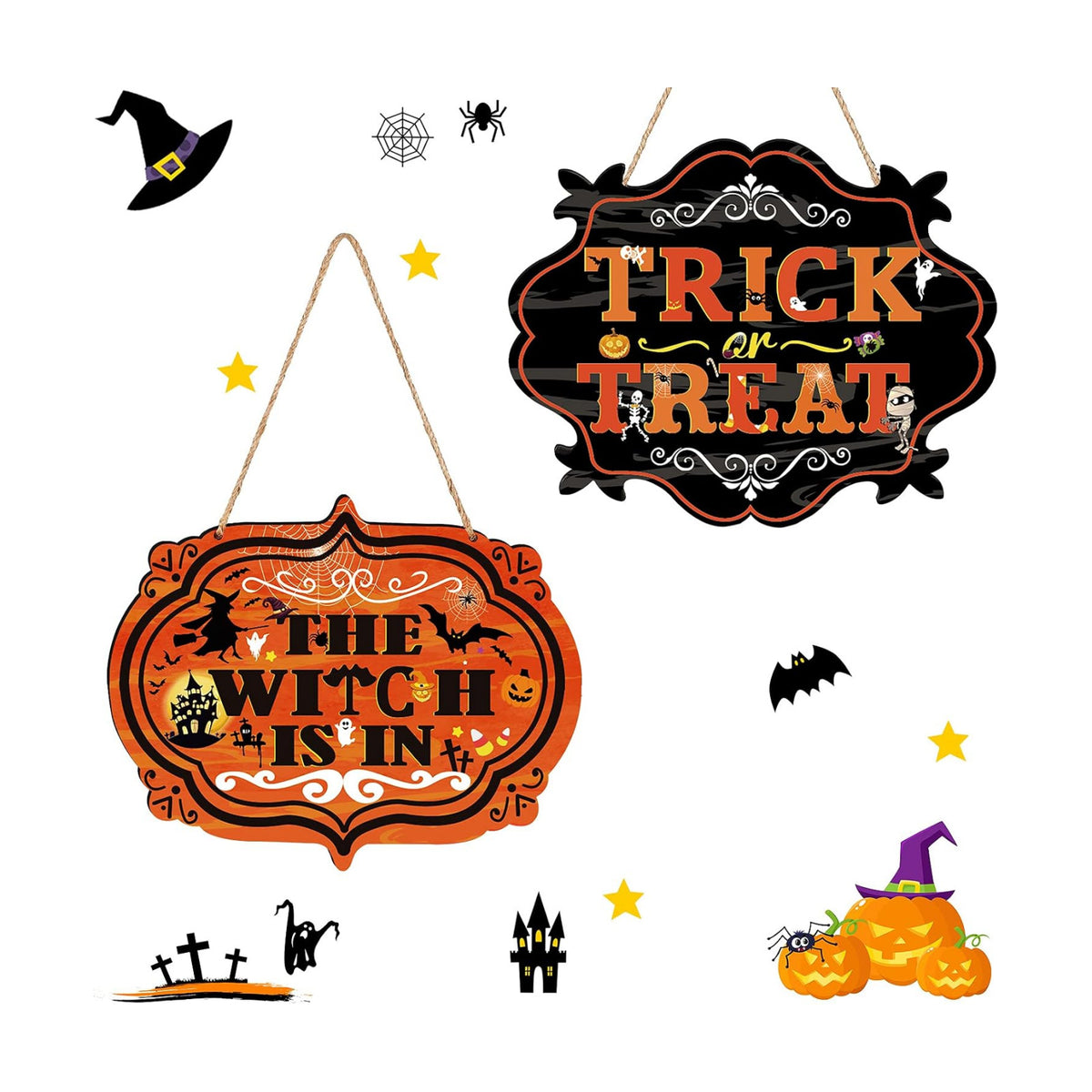 Blulu 2 Pcs Halloween Wood Door Decorations, Trick or Treat Hanging Signs