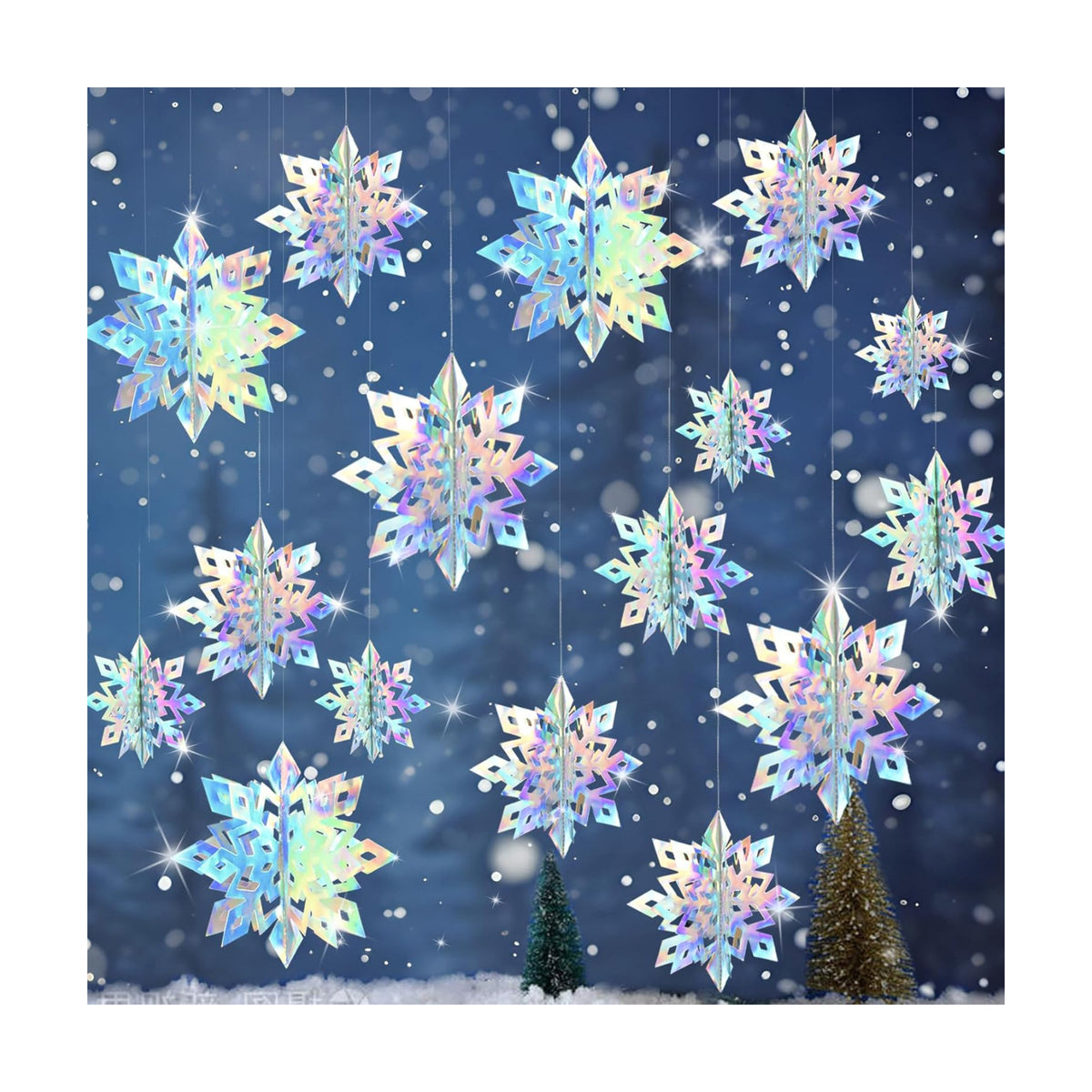 Paper Christmas Snowflake Hanging Decorations Indoor, Iridescent, 15Pcs