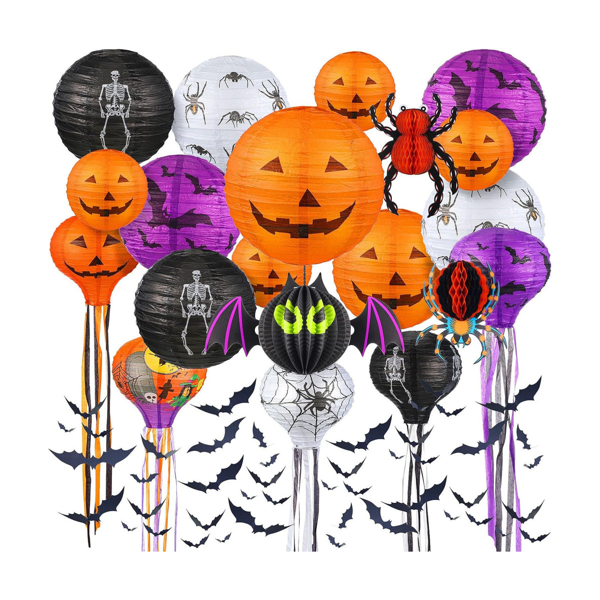 Honoson 48 Pcs Halloween Paper Lanterns Pumpkin Skeleton Spider Bat Decor