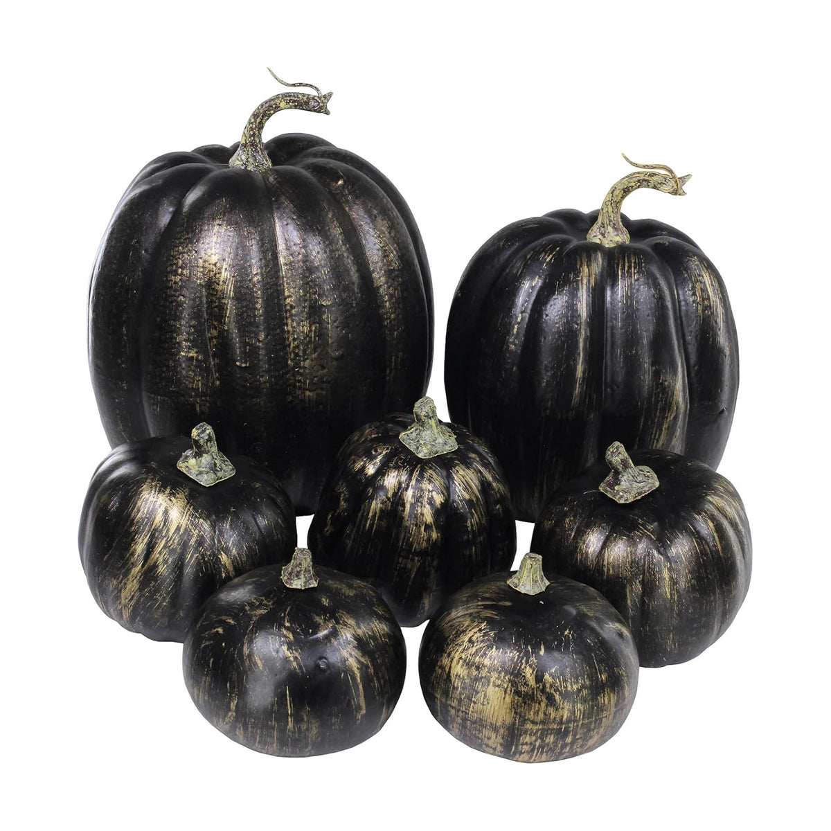 Winlyn 7 Pcs Assorted Artificial Gold Brush Black Pumpkins Rustic Decorative Halloween Faux Foam Pumpkins for Fall Halloween Thanksgiving Tabletop Centerpiece Mantel Kitchen Decor