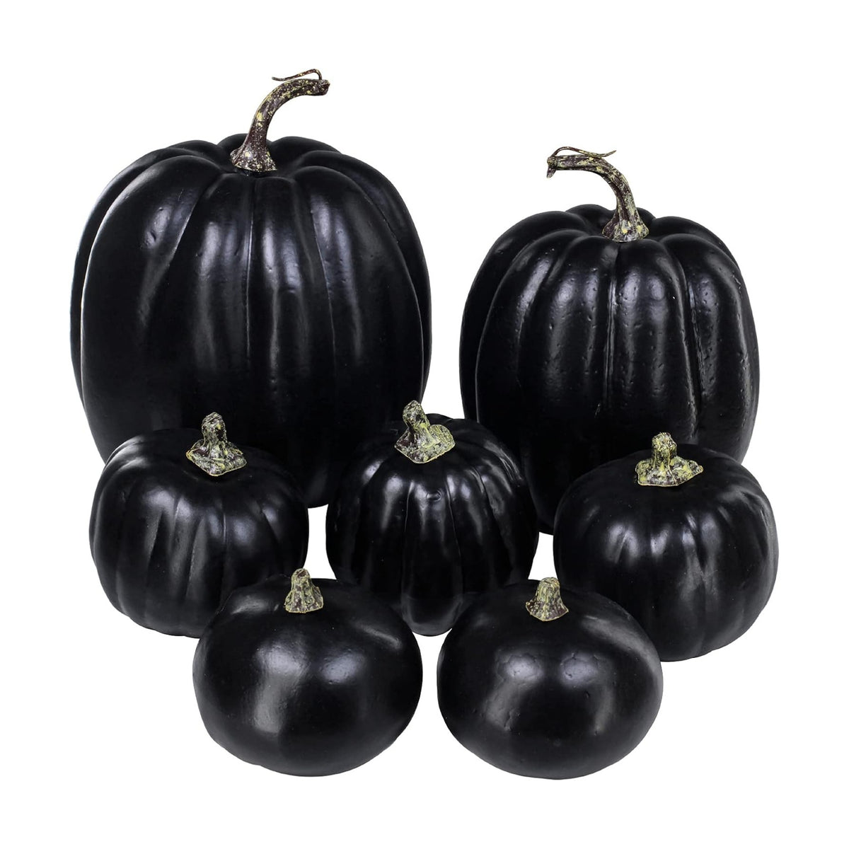 Winlyn 7 Pcs Assorted Artificial Black Pumpkins Halloween Faux Rustic Decorative Foam Pumpkins for Fall Halloween Thanksgiving Tabletop Centerpiece Mantel Kitchen Decor