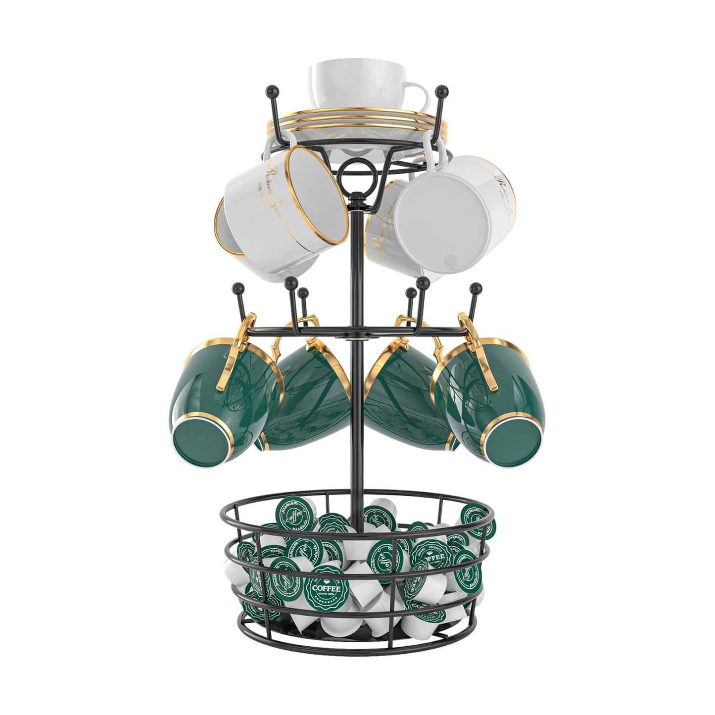 360° Rotating Coffee Mug Holder Tree | 3-Tier Metal Cup Rack with 10 Hooks, Coffee Bar Organizer Decor for Kitchen