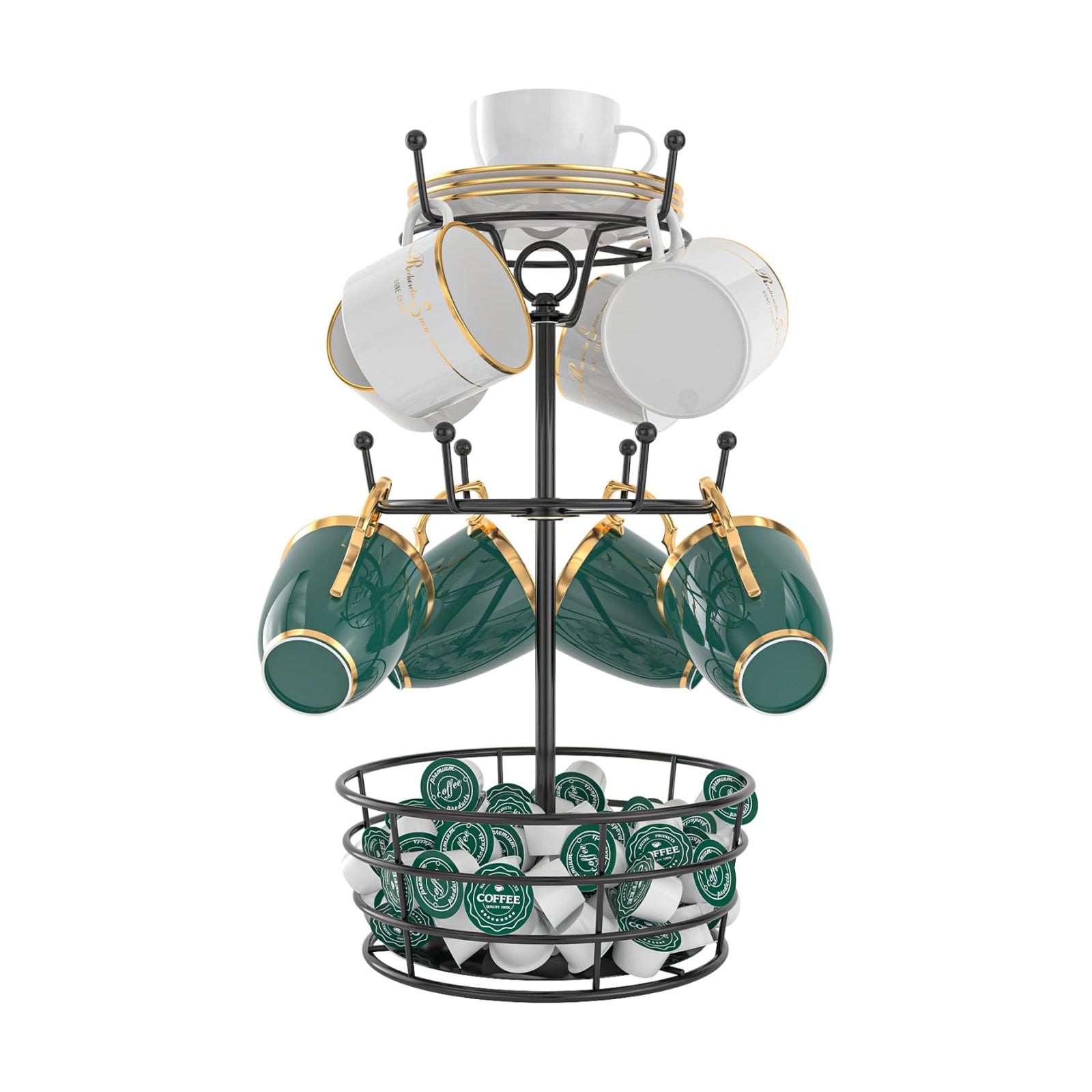 360° Rotating Coffee Mug Holder Tree | 3-Tier Metal Cup Rack with 10 Hooks, Coffee Bar Organizer Decor for Kitchen