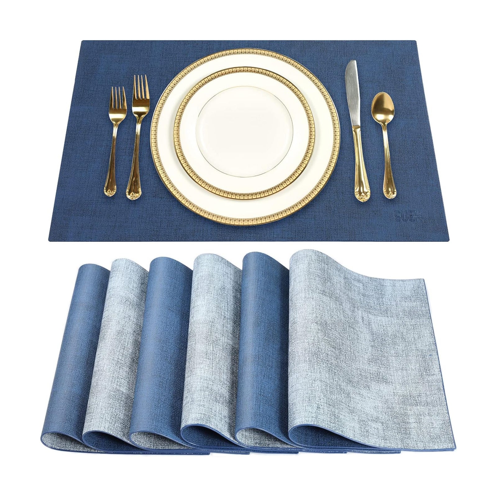 Leather Placemats Table Mats Set of 6, Navy Blue & Light Blue | Reversible Non-Slip Table Placemats, Heat-Resistant and