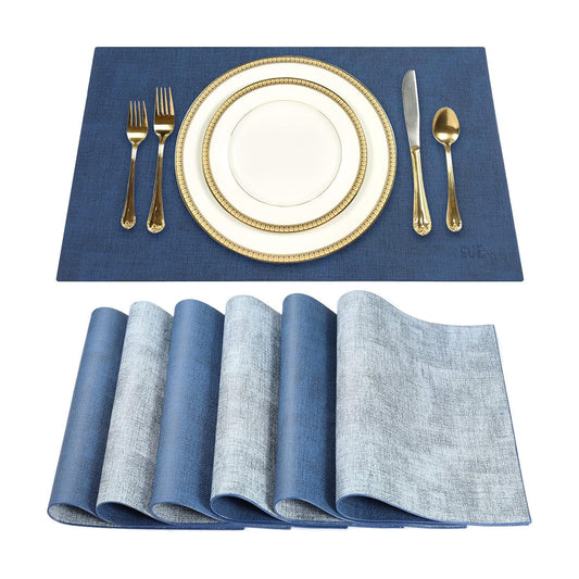 Leather Placemats Table Mats Set of 6, Navy Blue & Light Blue | Reversible Non-Slip Table Placemats, Heat-Resistant and