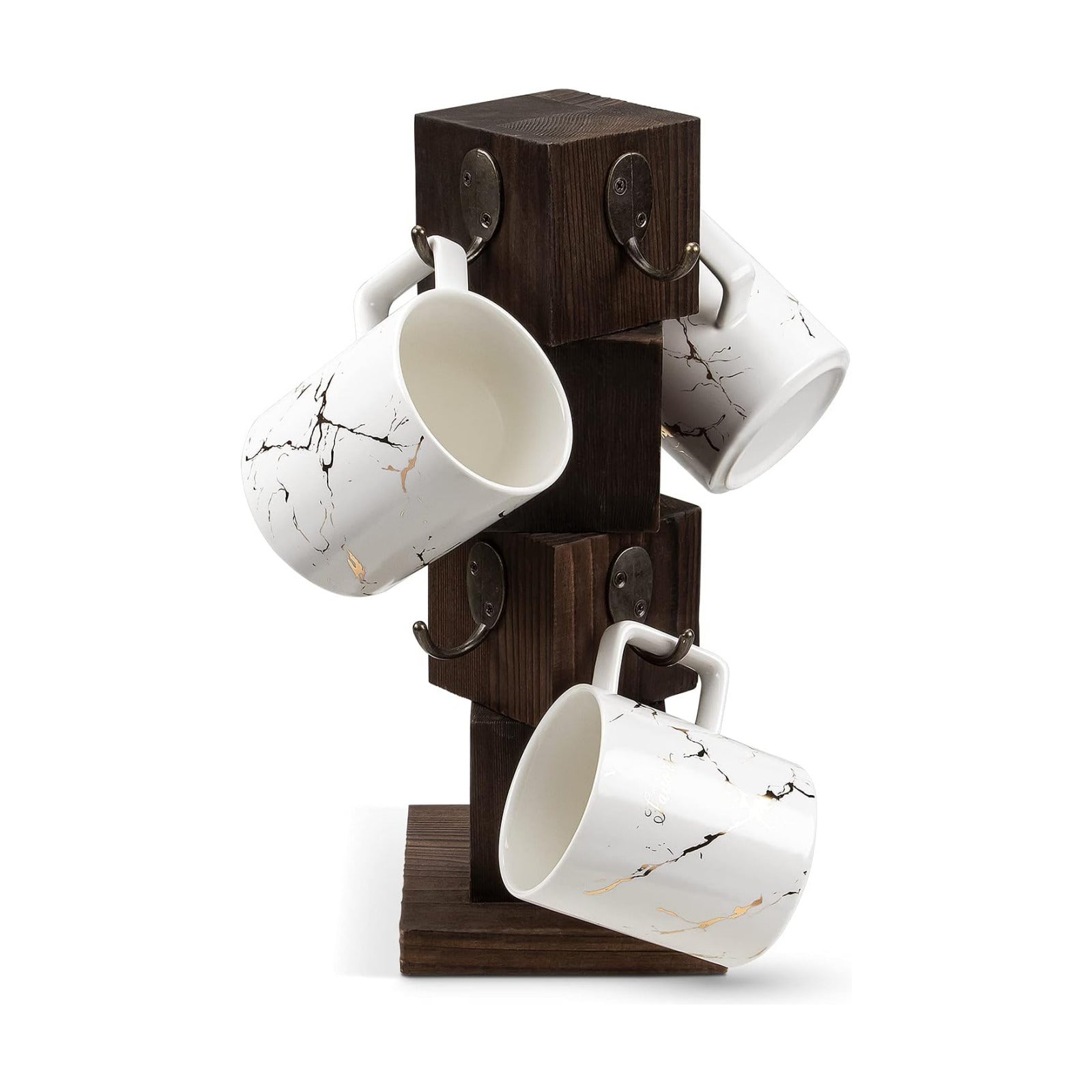 Coffee Mug Holder for Counter, Rustic Solid Wood Mug Tree | Farmhouse Wooden Coffee Cup Rack with 8 Hooks (Rustic Brown)