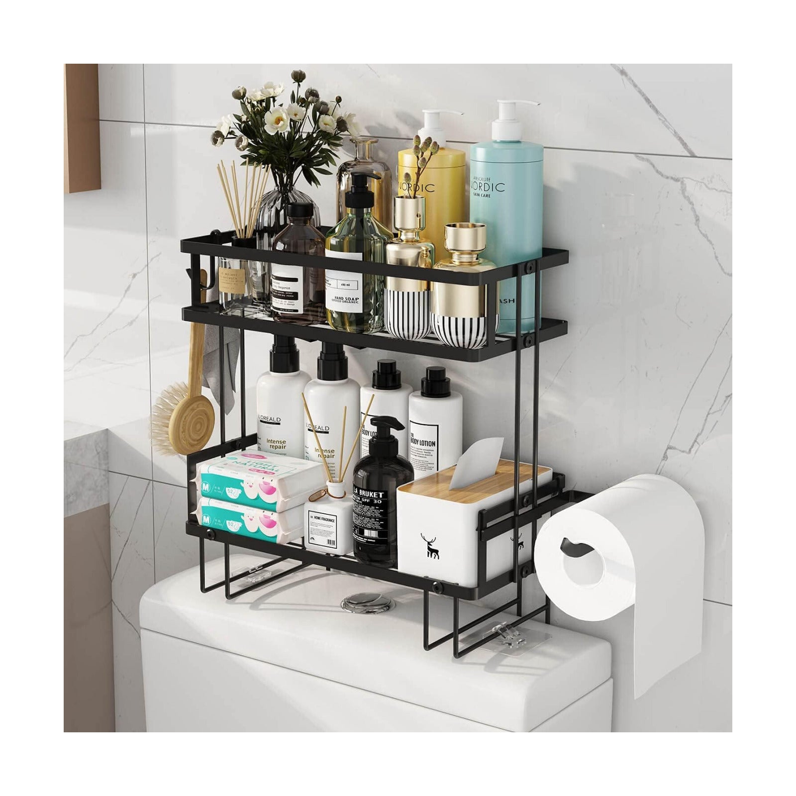 2-Tier Over Toilet Storage Shelf, Wall-Mount with 2 Hook/Paper Rack | Bathroom Organizers and Storage Cabinet