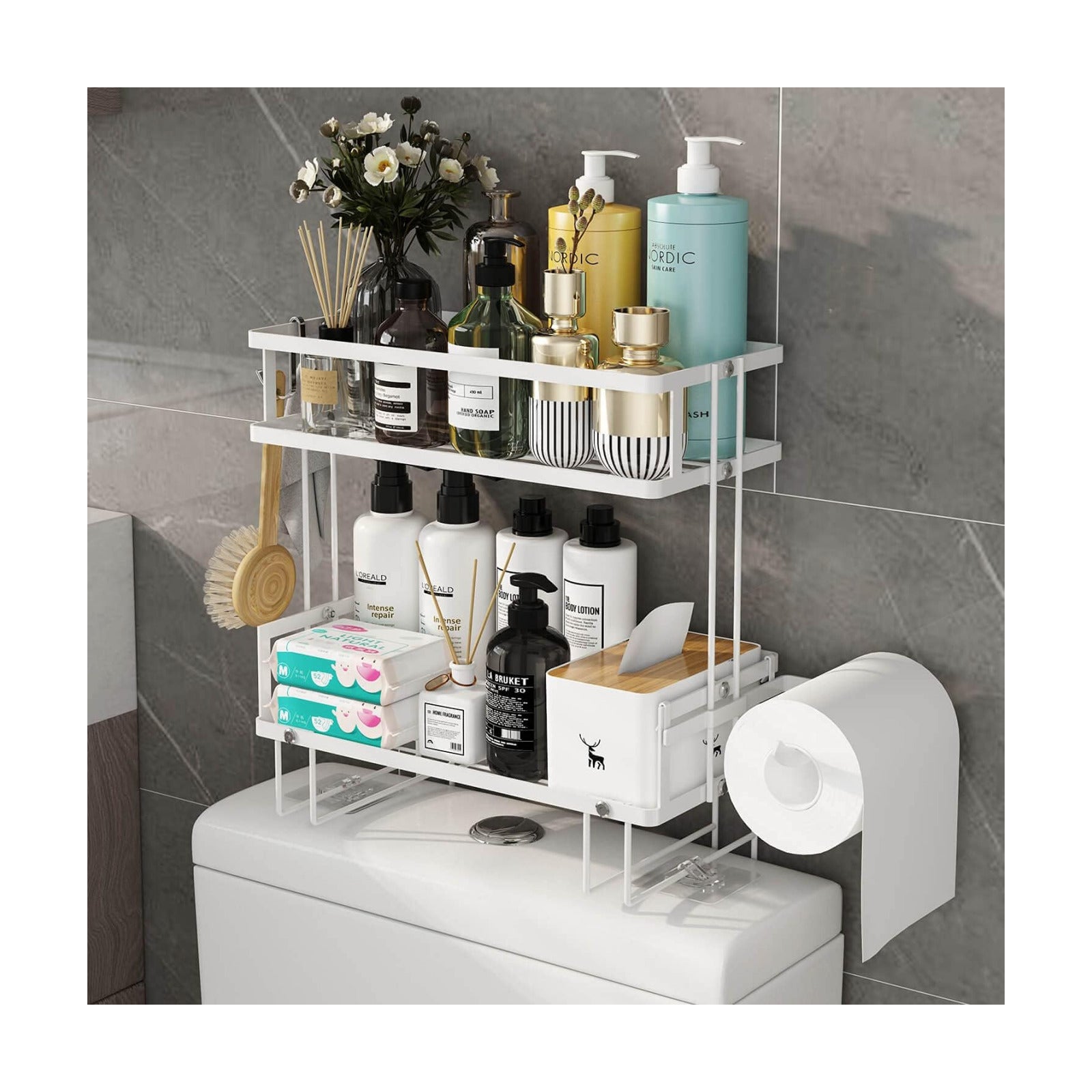 2-Tier Over Toilet Storage Shelf, Wall-Mount with 2 Hook/Paper Rack | Bathroom Organizers and Storage Cabinet