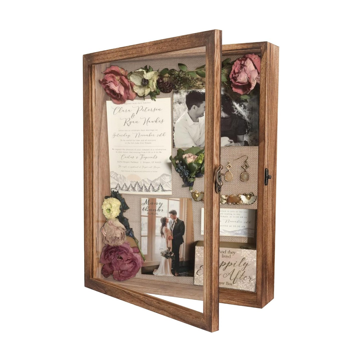 Large Shadow Box Frame 11x14 Display Case, Wood Wedding Bouquet Memory Box | Hinged Front Open Door with Tempered