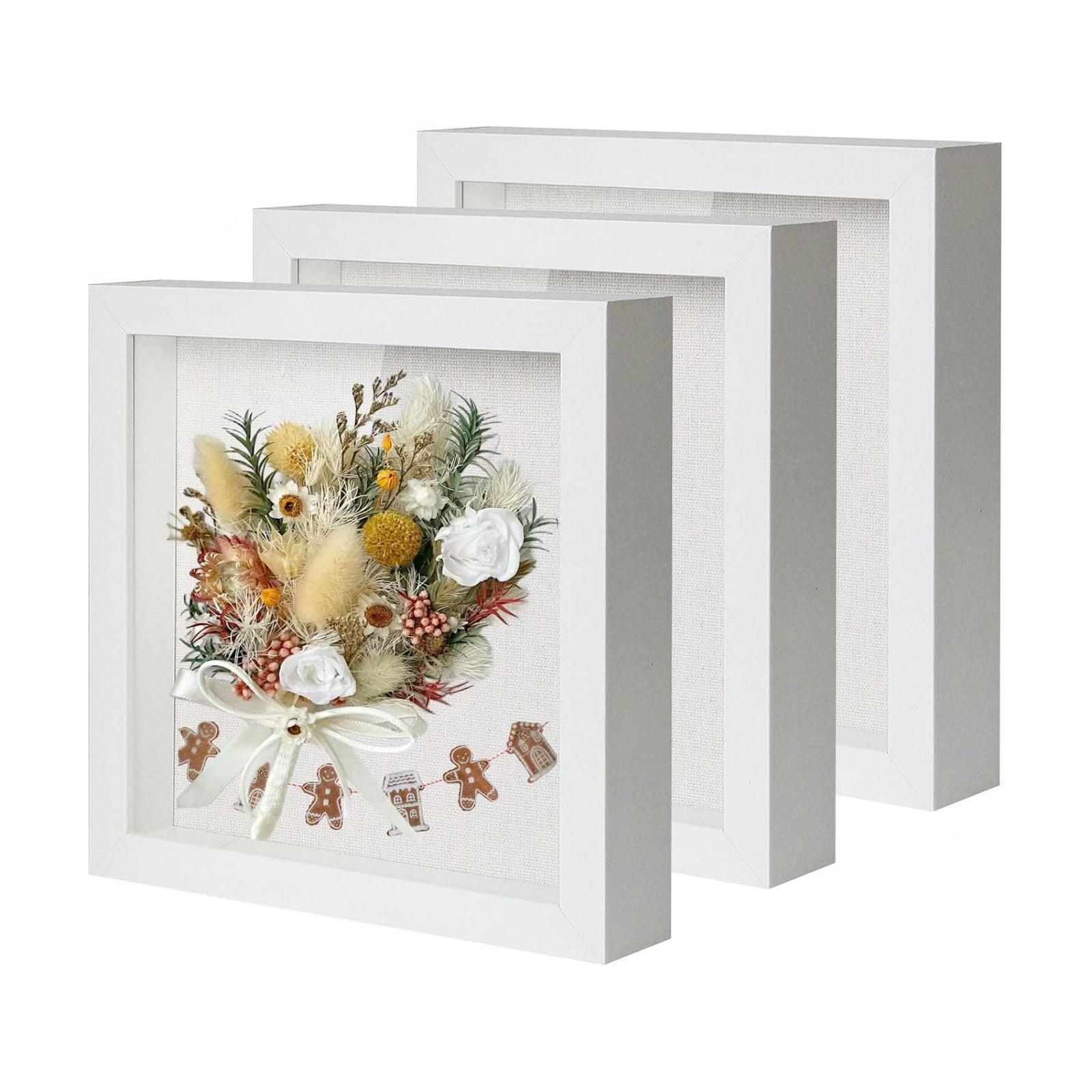 Muzilife 8x8 Small Shadow Box Wood Picture Frame, HD Glass, 3PCS, White | FSC-Certified MDF | Soft Acid-free Linen