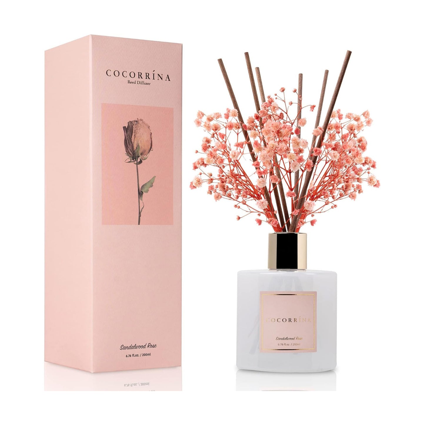 Cocorrína Premium Reed Diffuser Set with Preserved Baby's Breath & Cotton Stick Sandalwood Rose | 6.7oz Scent Fragrance