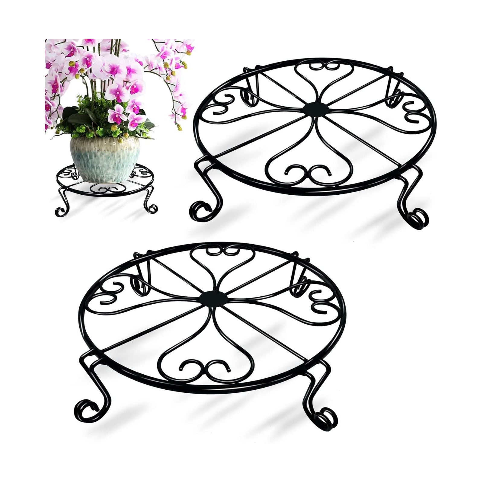 NSYOOMH 2 packs 12" Black Metal Plant Stands Heavy Duty Plants Holder Outdoor Indoor, Round Wrought Iron Sturdy Flower