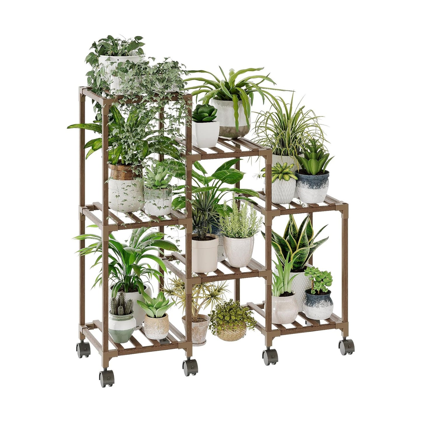Bamworld Plant Stand with Wheels for Indoor Plants Wood Outdoor Tiered Shelf 3 Tire 7 Potted Ladder Plant Holder Table
