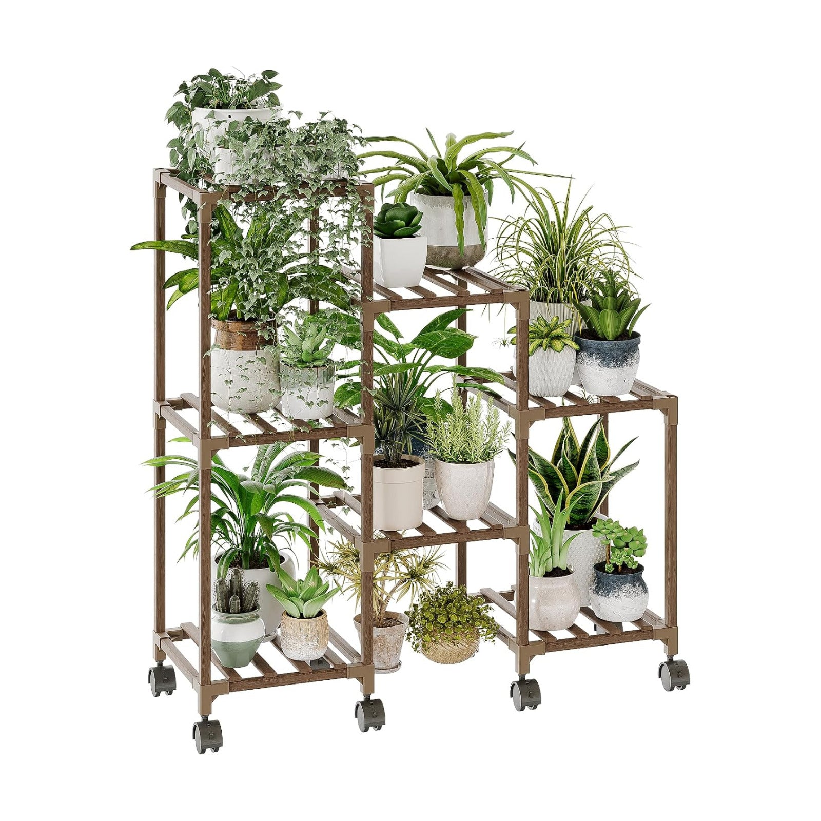 Bamworld Plant Stand with Wheels for Indoor Plants Wood Outdoor Tiered Shelf 3 Tire 7 Potted Ladder Plant Holder Table