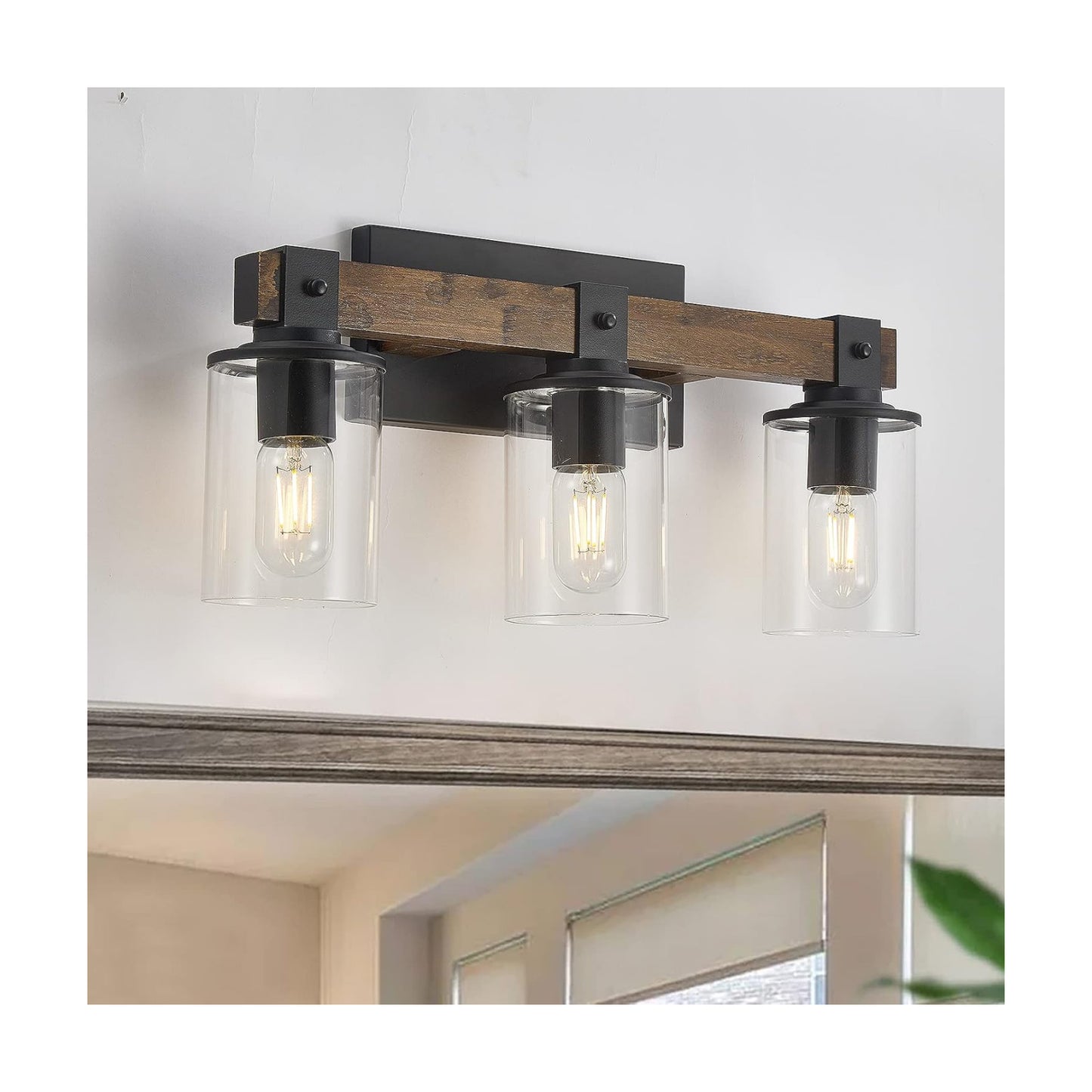 DUJAHMLAND Farmhouse Vanity Light Fixture,3-Light Bathroom Wood Wall Light Over Mirror with Clear Glass Shade, Rustic
