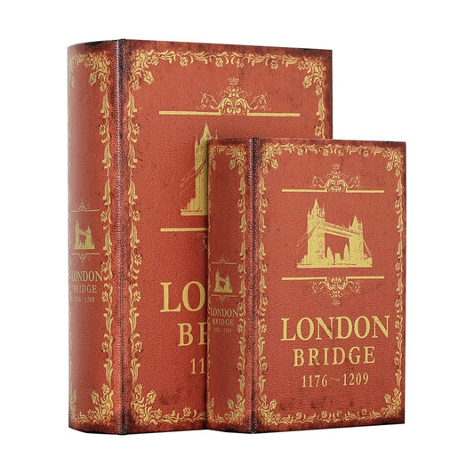 Decorative Book Box Antique Wooden Realistic Faux Wood Storage Set / London Bridge / Set of 2