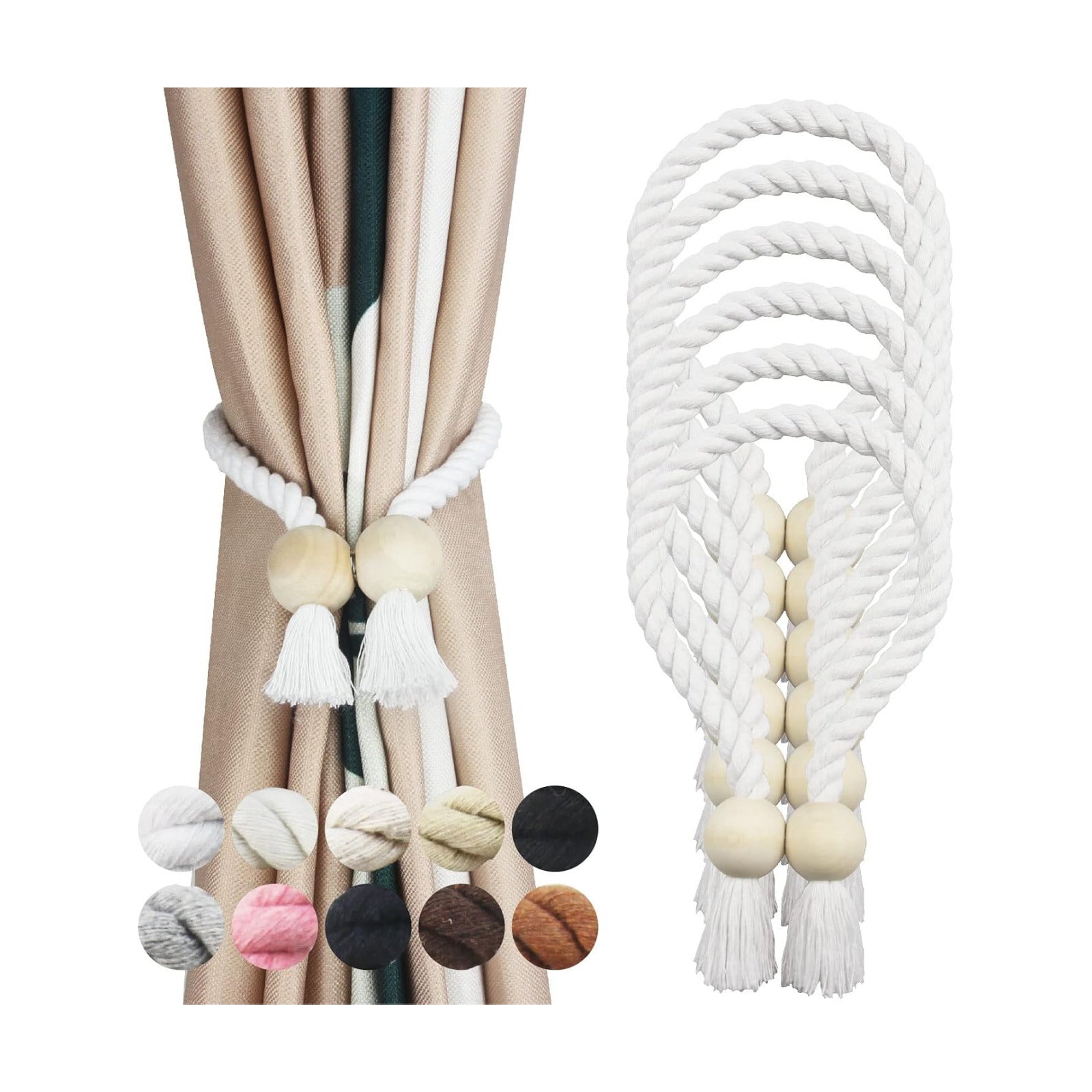 Magnetic Curtain Tiebacks Holdback Cotton Rope Tie Backs for Drapes Porlau | 6 Pack White Cotton Hand Woven Tieback