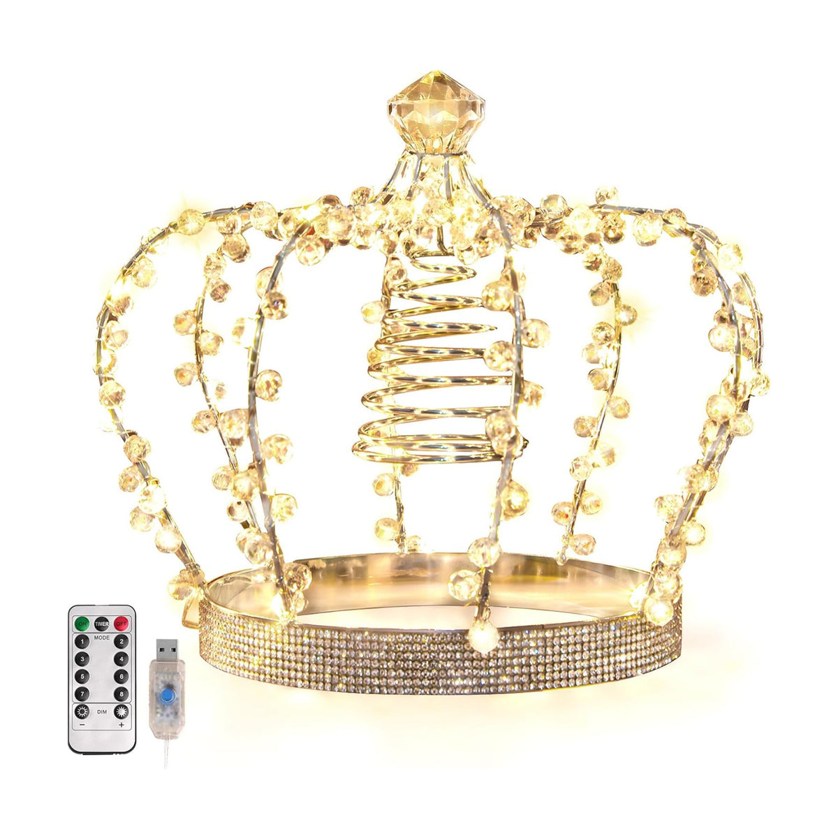 LAWOHO Christmas Tree Topper Star, Jeweled Crown with 60 Warm White LED USB Lighted Tree Topper, Xmas Tree Decor with Remote Control 8 Lighting Mode, Timer, Dimmer for Christmas Tree Ornament（Silver）