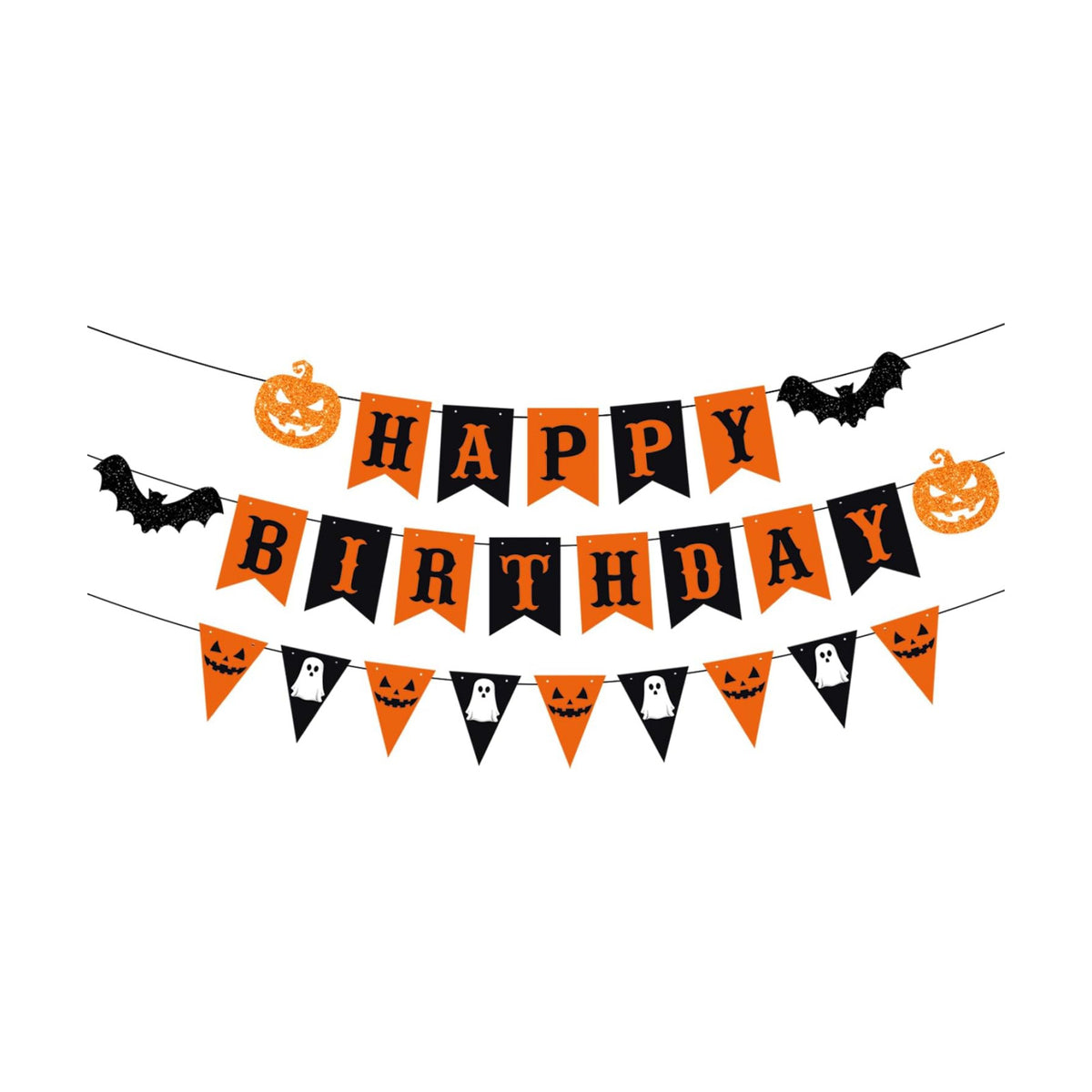 PTFNY Halloween Birthday Banner with Pumpkin and Bat Signs - Black & Orange Themed Party Decor for Wall & Fireplace