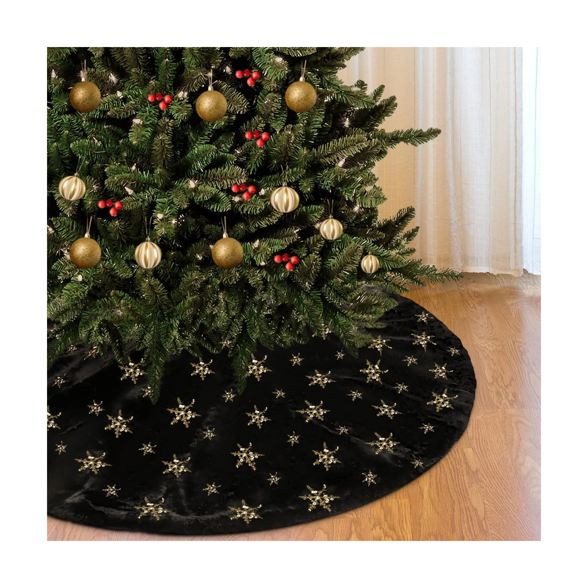 Christmas Tree Skirt Black 48 Inch Faux Fur with Gold Glitter Snowflake Soft Fluffy Tree Skirt for Christmas Party Decoration, Black Gold Snowflake